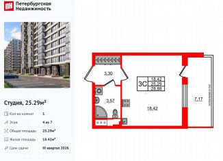 Продается квартира студия, 25.3 м2, Санкт-Петербург, Московский район