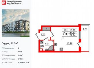 Продается квартира студия, 21.3 м2, Санкт-Петербург, муниципальный округ Пулковский Меридиан