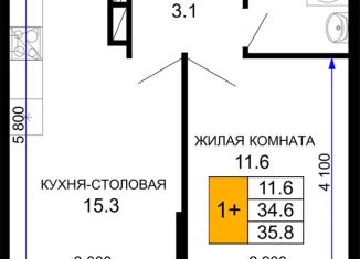 Продажа 1-ком. квартиры, 35.8 м2, Краснодар, ЖК Дыхание