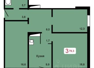 Продается трехкомнатная квартира, 78.3 м2, Красноярск, ЖК КБС. Берег
