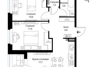 Продам трехкомнатную квартиру, 52.1 м2, деревня Ольгино