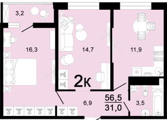 2-комнатная квартира на продажу, 56.5 м2, Горячий Ключ