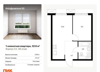 Однокомнатная квартира на продажу, 32.6 м2, Москва, метро Бибирево