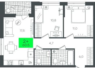 Продается 2-комнатная квартира, 60.6 м2, Тюмень, Калининский округ