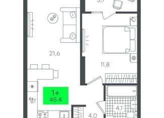 1-комнатная квартира на продажу, 45.4 м2, Тюмень
