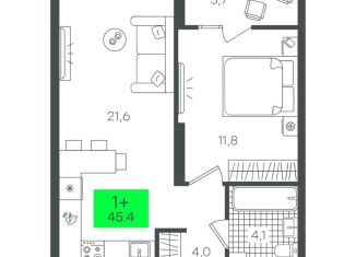 1-комнатная квартира на продажу, 45.4 м2, Тюмень, Калининский округ