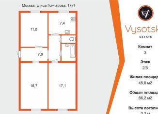 Продаю трехкомнатную квартиру, 66.2 м2, Москва, улица Гончарова, 17к1, СВАО
