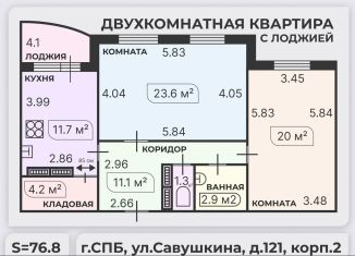 Двухкомнатная квартира на продажу, 74.8 м2, Санкт-Петербург, улица Савушкина, 121к2, муниципальный округ № 65
