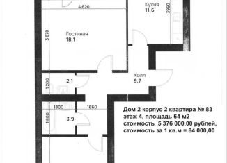 2-комнатная квартира на продажу, 64 м2, Тула, Привокзальный территориальный округ, улица Героев России, 6