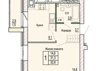 Продам 1-комнатную квартиру, 32.8 м2, Волгоград, Кировский район