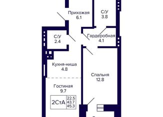 Двухкомнатная квартира на продажу, 45.3 м2, Новосибирск