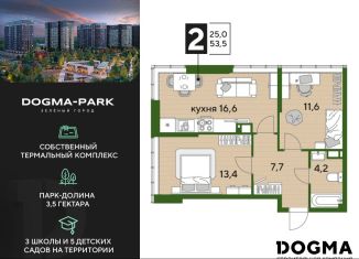 Двухкомнатная квартира на продажу, 53.5 м2, Краснодарский край