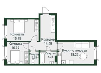 2-комнатная квартира на продажу, 66.1 м2, посёлок Западный