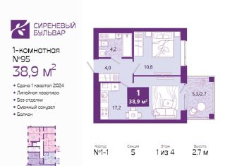 Продажа однокомнатной квартиры, 39.2 м2, Калининград
