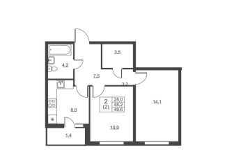 Продам 2-комнатную квартиру, 49.6 м2, Ленинградская область