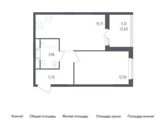 1-комнатная квартира на продажу, 40.8 м2, деревня Новосаратовка