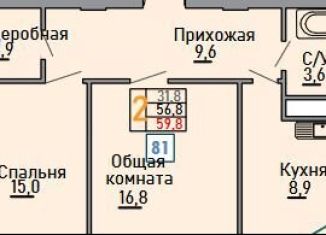 Продается 2-комнатная квартира, 59.8 м2, Ставрополь, микрорайон № 18