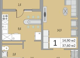 1-комнатная квартира на продажу, 37.6 м2, Оренбург, жилой комплекс Осенний Лист, 6, Промышленный район