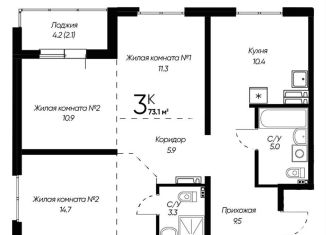 Продается 3-комнатная квартира, 73.1 м2, Новосибирская область, улица Красный Факел, 39