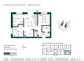 Трехкомнатная квартира на продажу, 58.6 м2, Астрахань
