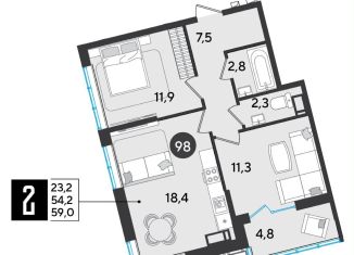 2-комнатная квартира на продажу, 59 м2, Краснодарский край