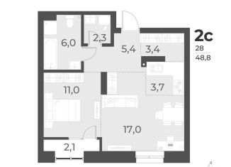 2-комнатная квартира на продажу, 48.8 м2, Новосибирск, жилой комплекс Русское солнце, 2, метро Заельцовская