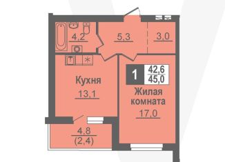 1-ком. квартира на продажу, 45 м2, рабочий посёлок Кольцово