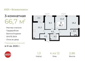 3-комнатная квартира на продажу, 66.7 м2, Всеволожск
