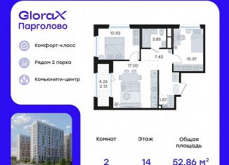 Продам двухкомнатную квартиру, 52.9 м2, посёлок Парголово