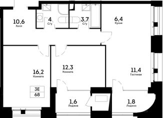 Продам 3-комнатную квартиру, 68 м2, Москва, ЖК Квартал Нау, Проектируемый проезд № 4062, 6с12