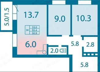 Продаю 3-комнатную квартиру, 56.9 м2, Красноярск, Ключевская улица, 63, ЖК Олимп