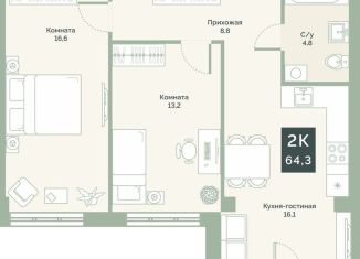 Продается двухкомнатная квартира, 64.3 м2, Курганская область, улица Витебского, 5К2