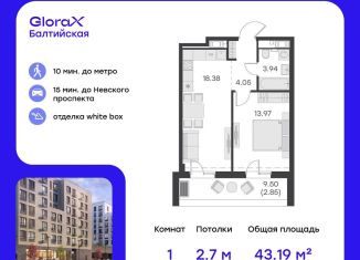 Продается 1-комнатная квартира, 43.2 м2, Санкт-Петербург, улица Шкапина, 43-45И, метро Балтийская