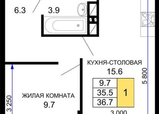 Продается 1-комнатная квартира, 36.7 м2, Краснодар, ЖК Дыхание