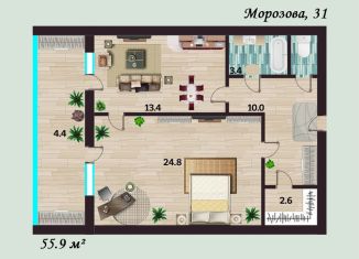 Продается однокомнатная квартира, 60.8 м2, Воронеж, улица Морозова, 31