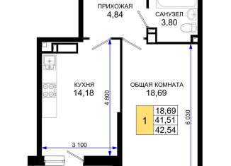 Продажа 1-ком. квартиры, 42.5 м2, Краснодар, Прикубанский округ