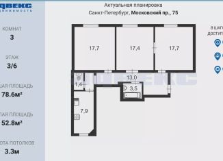 Продажа трехкомнатной квартиры, 78.6 м2, Санкт-Петербург, Московский проспект, 75, метро Московские ворота