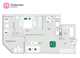 Продается двухкомнатная квартира, 53.6 м2, Краснодарский край