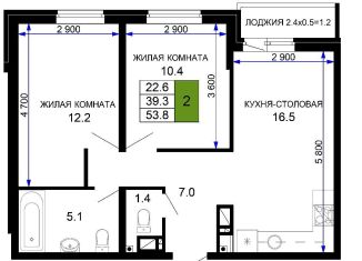 Двухкомнатная квартира на продажу, 53.8 м2, Краснодарский край, улица Лётчика Позднякова, 2к1