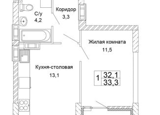Продается однокомнатная квартира, 33.3 м2, Волгоград