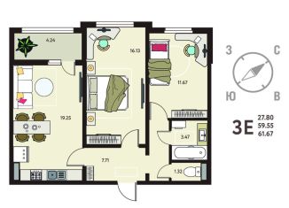 Продажа 2-комнатной квартиры, 61.7 м2, Липецк