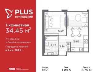 Продается однокомнатная квартира, 34.5 м2, Санкт-Петербург, муниципальный округ Пулковский Меридиан