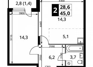 Продам 1-комнатную квартиру, 45 м2, деревня Сапроново