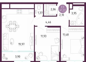 Продаю 2-комнатную квартиру, 61.2 м2, Тула, Пряничная улица, 7