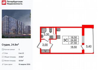 Продаю квартиру студию, 24.8 м2, Санкт-Петербург, муниципальный округ Коломяги