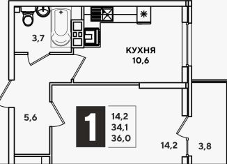 Продам 1-комнатную квартиру, 36 м2, Новороссийск, проспект Дзержинского, 247к2, ЖК Арена