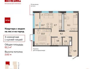 Продается 3-комнатная квартира, 61.1 м2, Ижевск, проспект Конструктора М.Т. Калашникова, 21, ЖК Матрёшка Сити