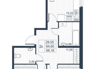 2-комнатная квартира на продажу, 68.2 м2, Ленинградская область, Ново-Антропшинская улица, 5к2