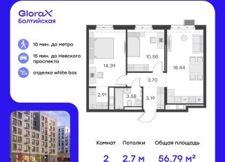Продается двухкомнатная квартира, 56.8 м2, Санкт-Петербург, улица Шкапина, 43-45, муниципальный округ Екатерингофский