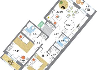 2-комнатная квартира на продажу, 96.9 м2, Санкт-Петербург, муниципальный округ Юнтолово